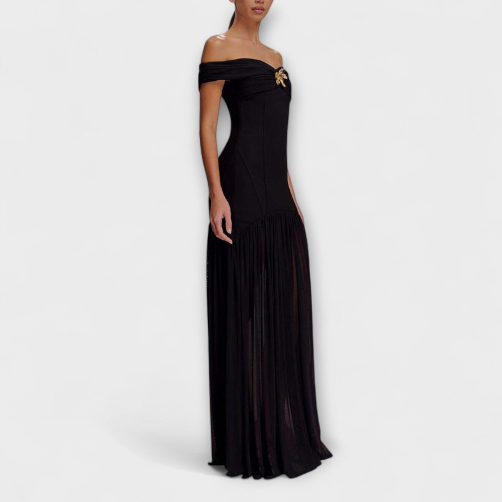 Maelie - Rochie maxi strânsă fără bretele, elegantă, cu ornamente florale