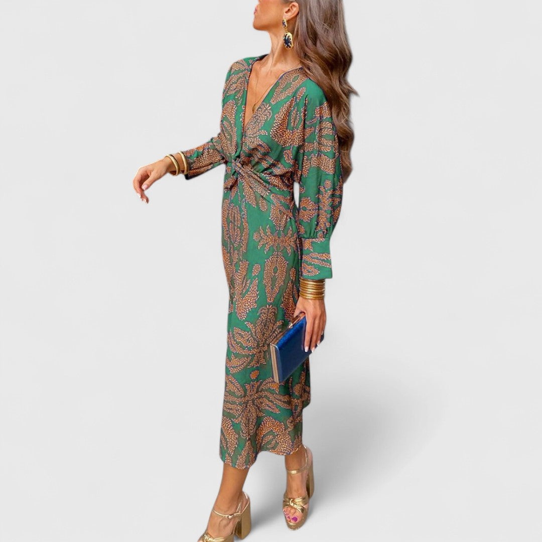 Corina - Rochie mini cu drapaj frontal, decolteu adânc în V, mâneci lungi și imprimeu paisley