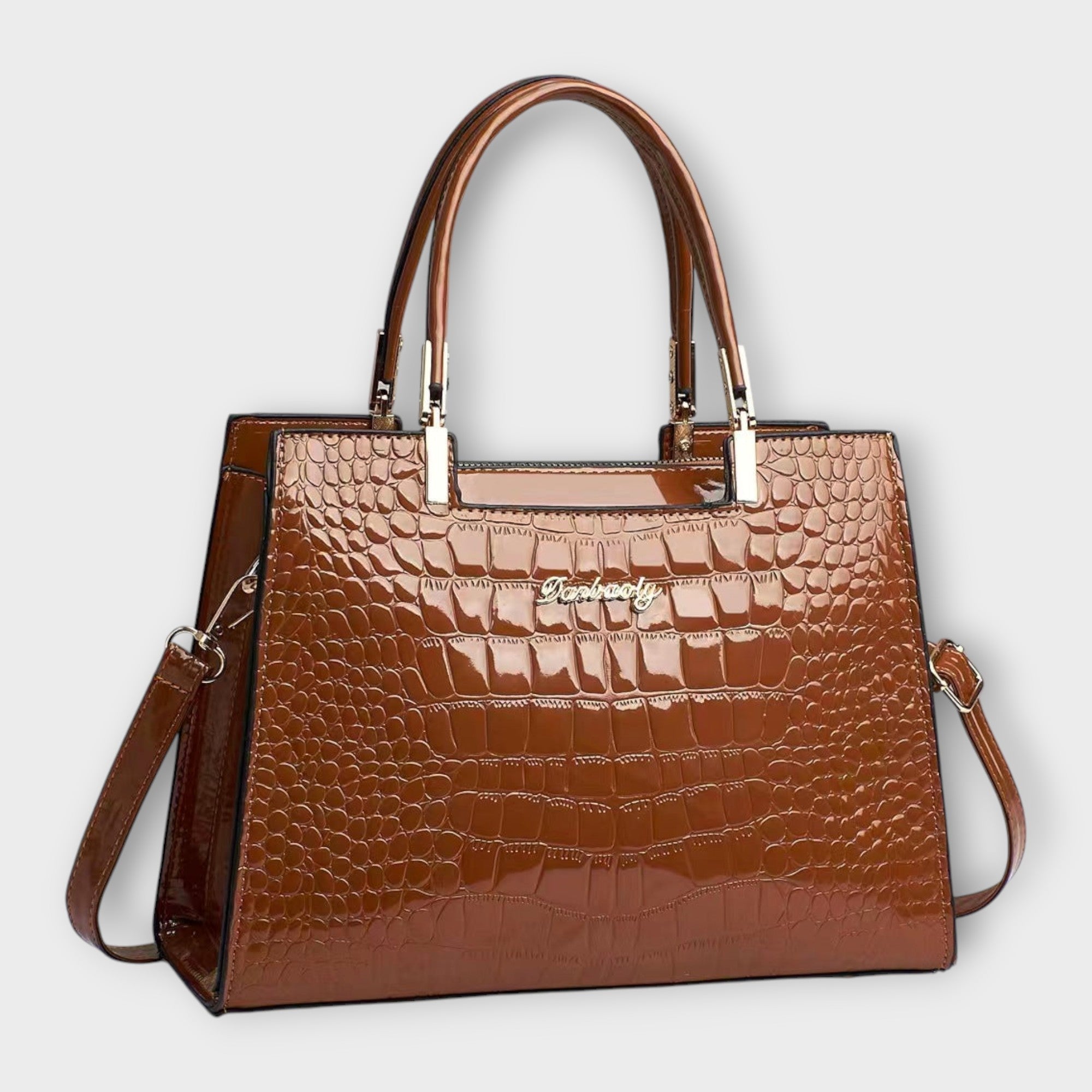 Geantă de mână cu model lucios de piele de crocodil Lora