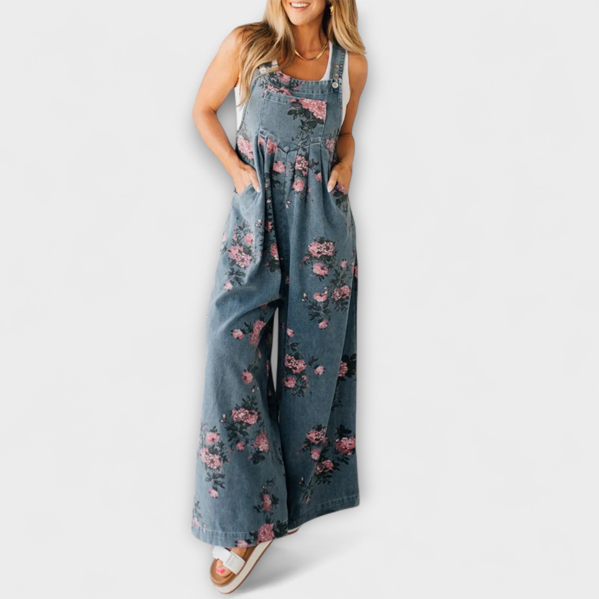 Bethany - Pantaloni din denim cu model floral și croială largă