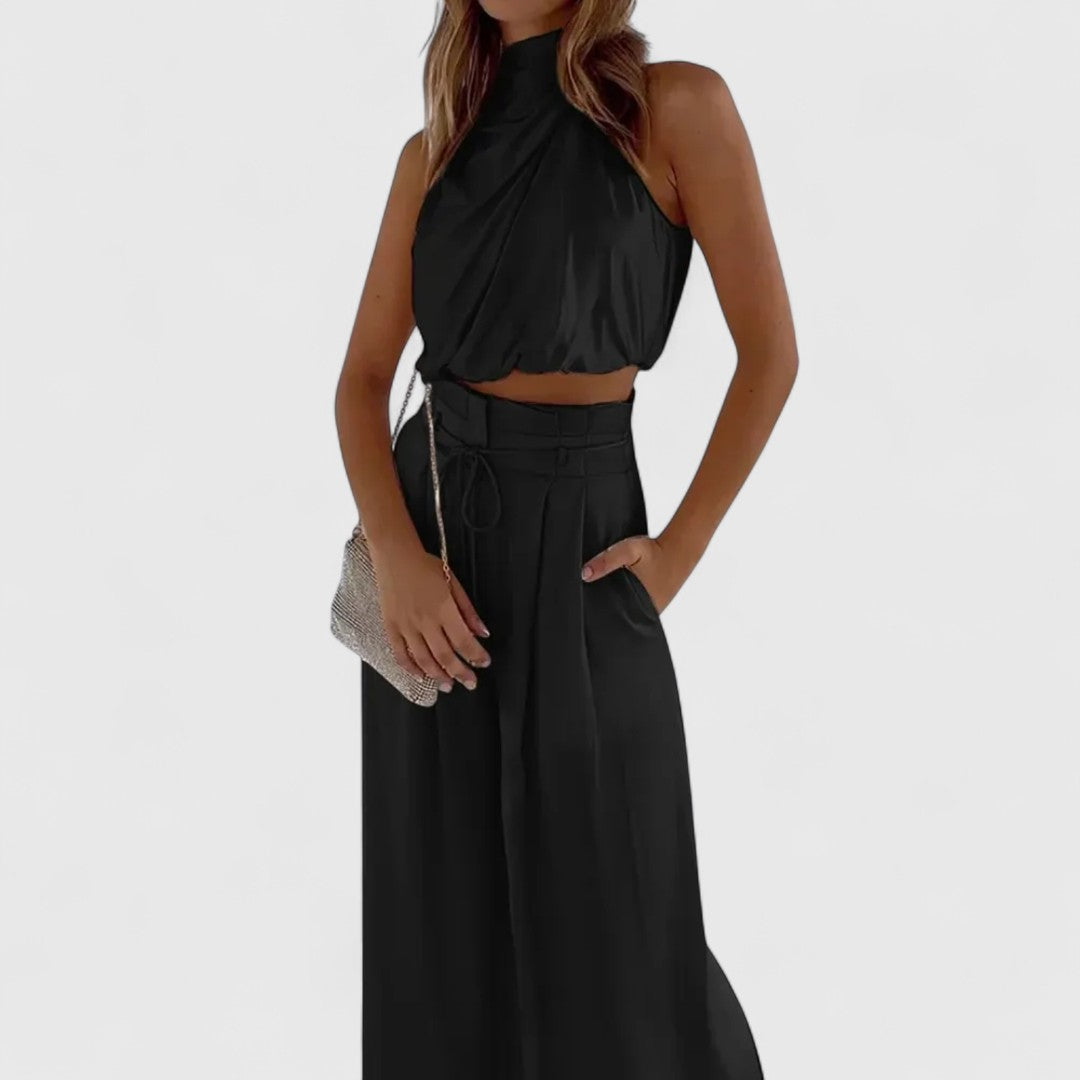 Petronela - Set elegant din două piese: top scurt fără mâneci și pantaloni cu talie înaltă, croi lejer