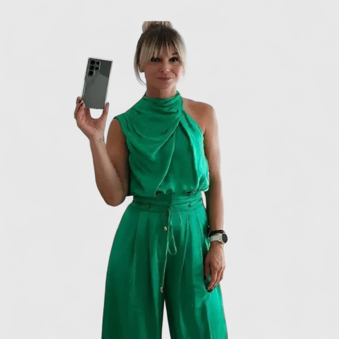 Petronela - Set elegant din două piese: top scurt fără mâneci și pantaloni cu talie înaltă, croi lejer