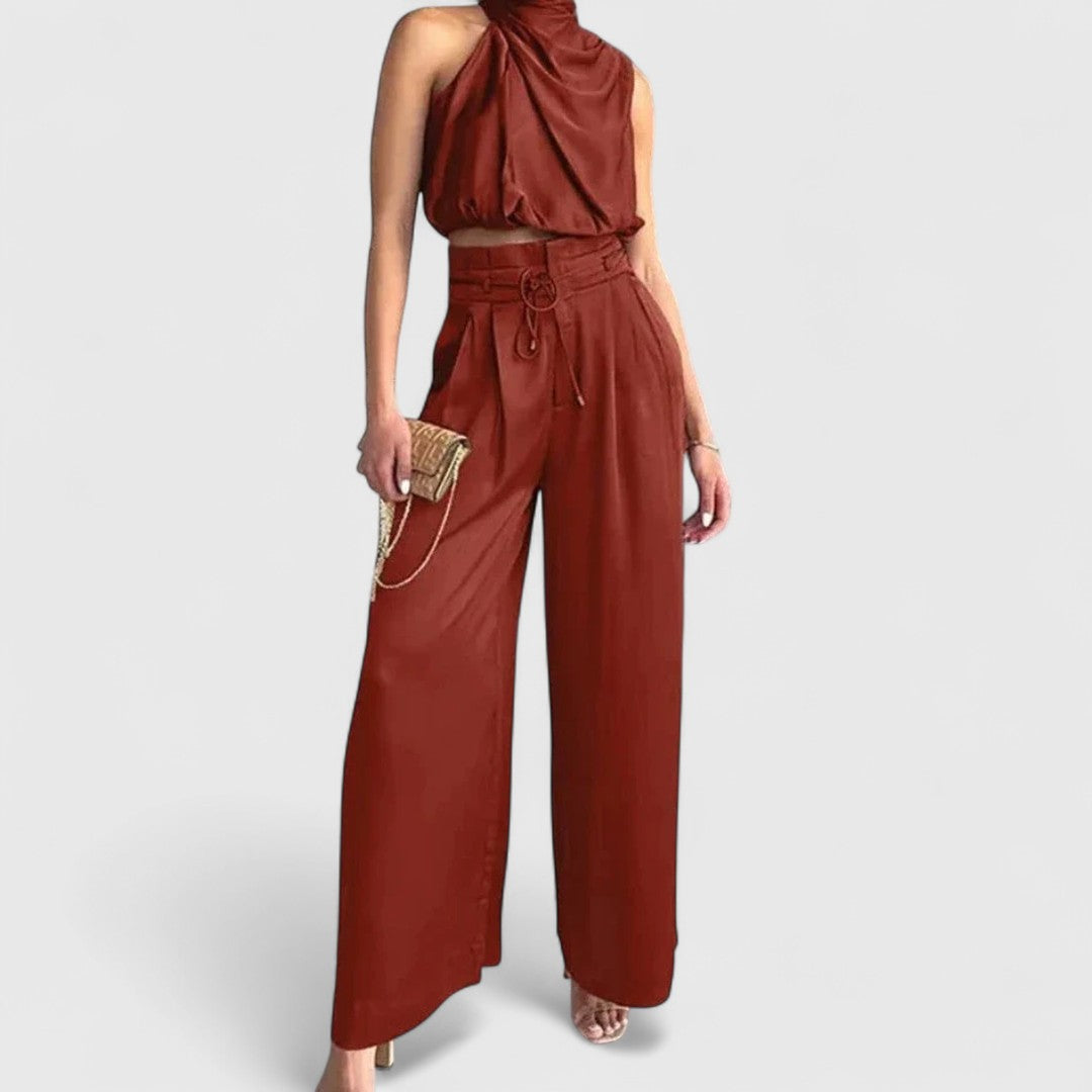 Petronela - Set elegant din două piese: top scurt fără mâneci și pantaloni cu talie înaltă, croi lejer