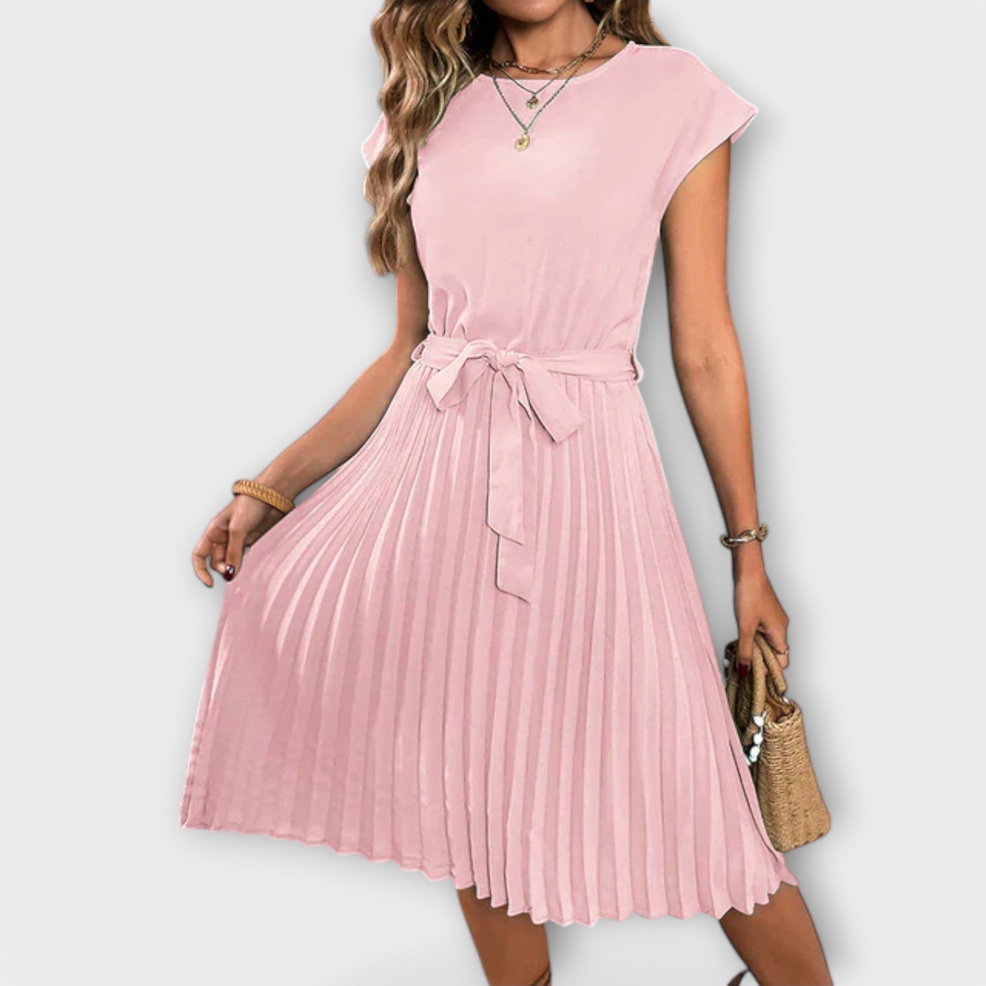 Claire - Rochie midi lejeră, cu mâneci scurte și falduri