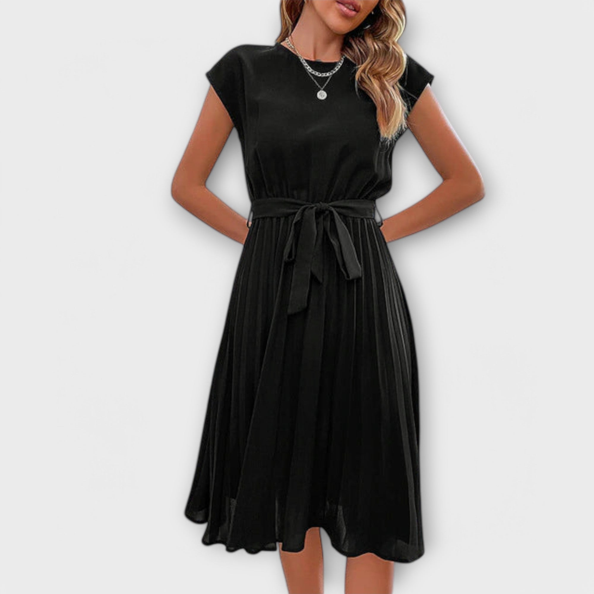 Claire - Rochie midi lejeră, cu mâneci scurte și falduri