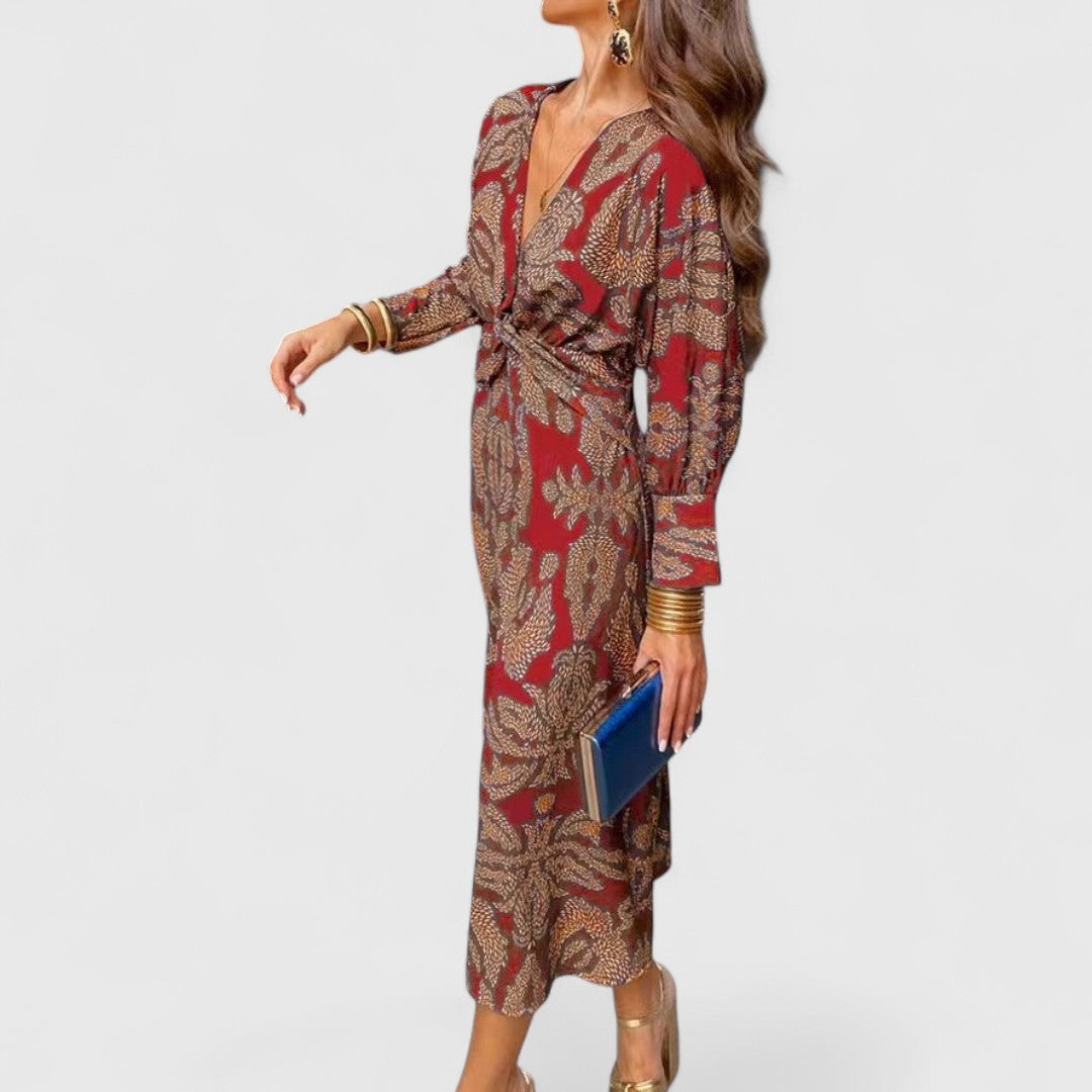 Corina - Rochie mini cu drapaj frontal, decolteu adânc în V, mâneci lungi și imprimeu paisley