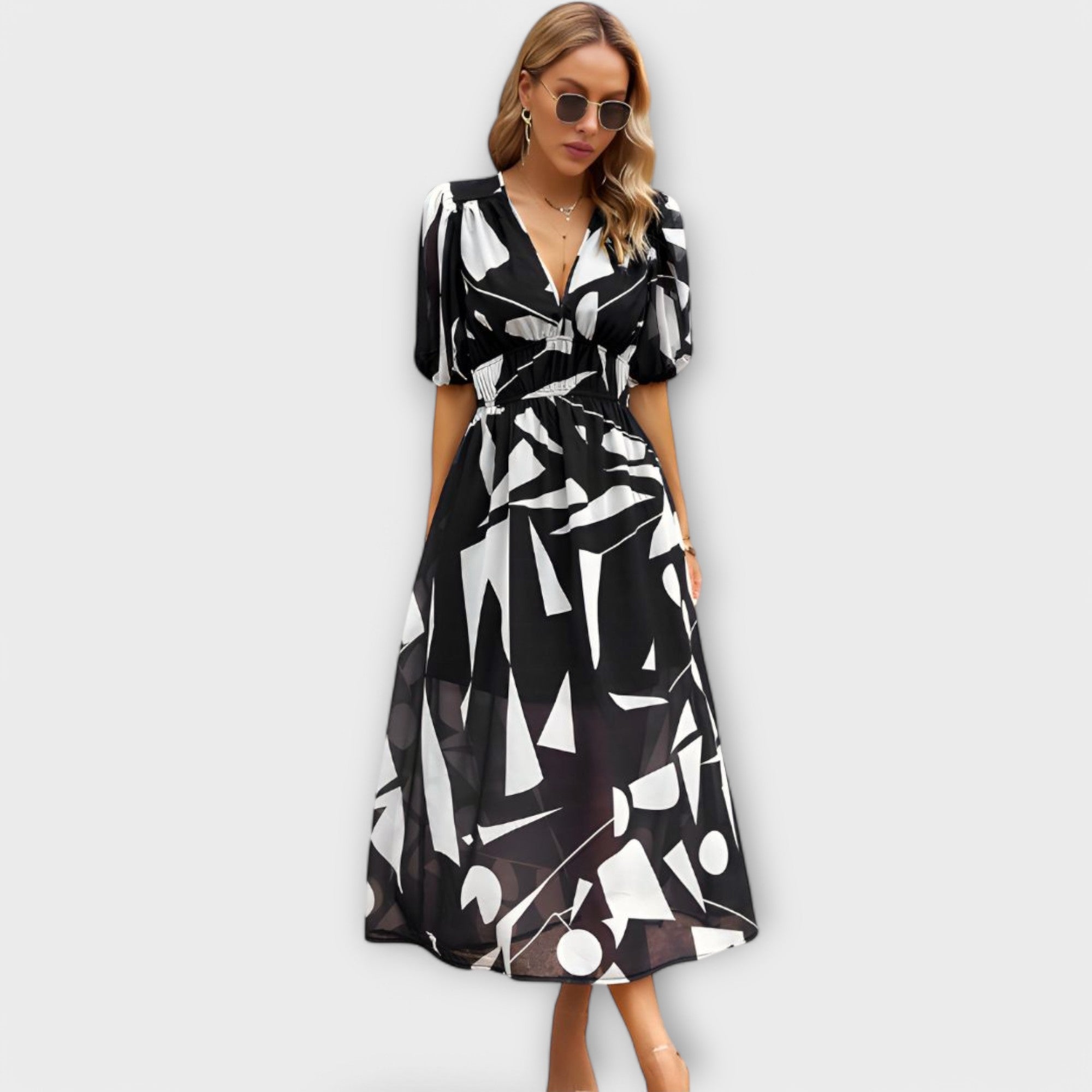 Rochie Maxi abstractă cu mâneci puff