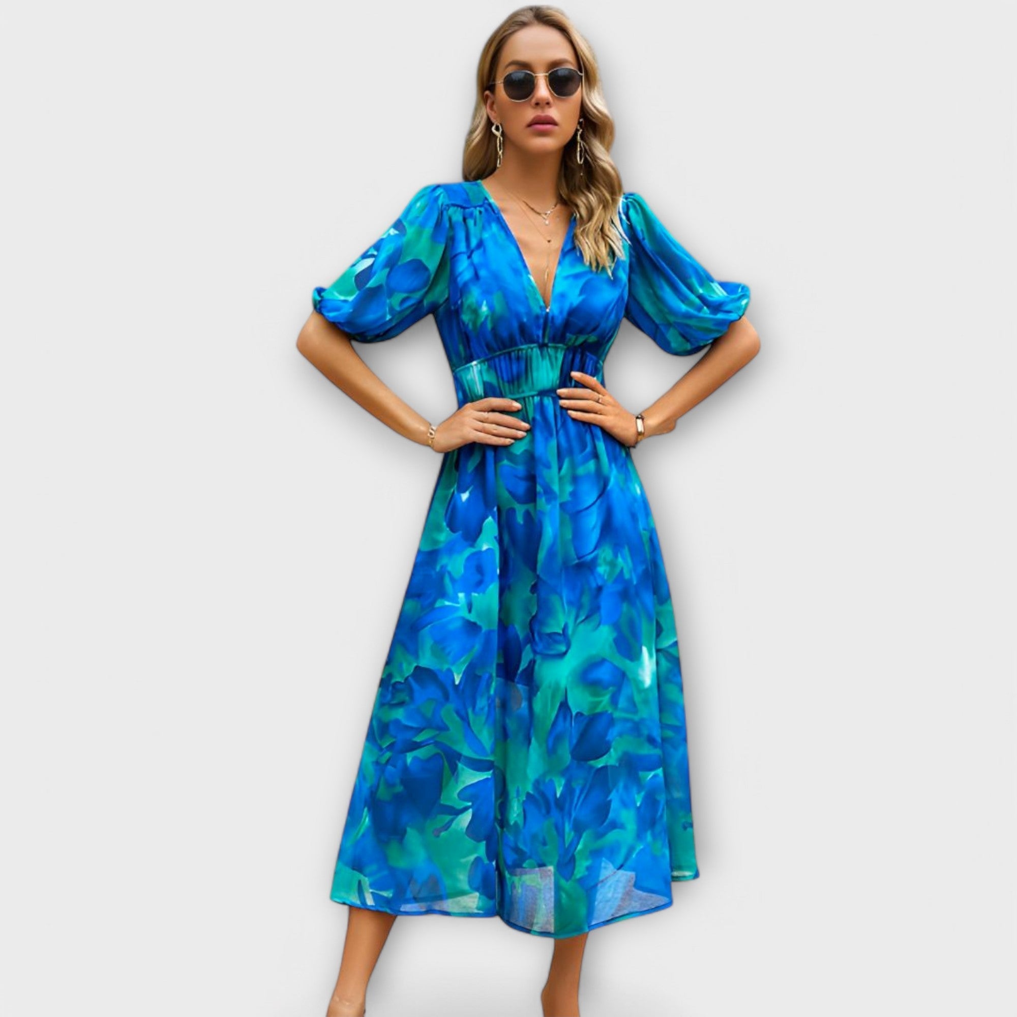 Rochie Maxi abstractă cu mâneci puff