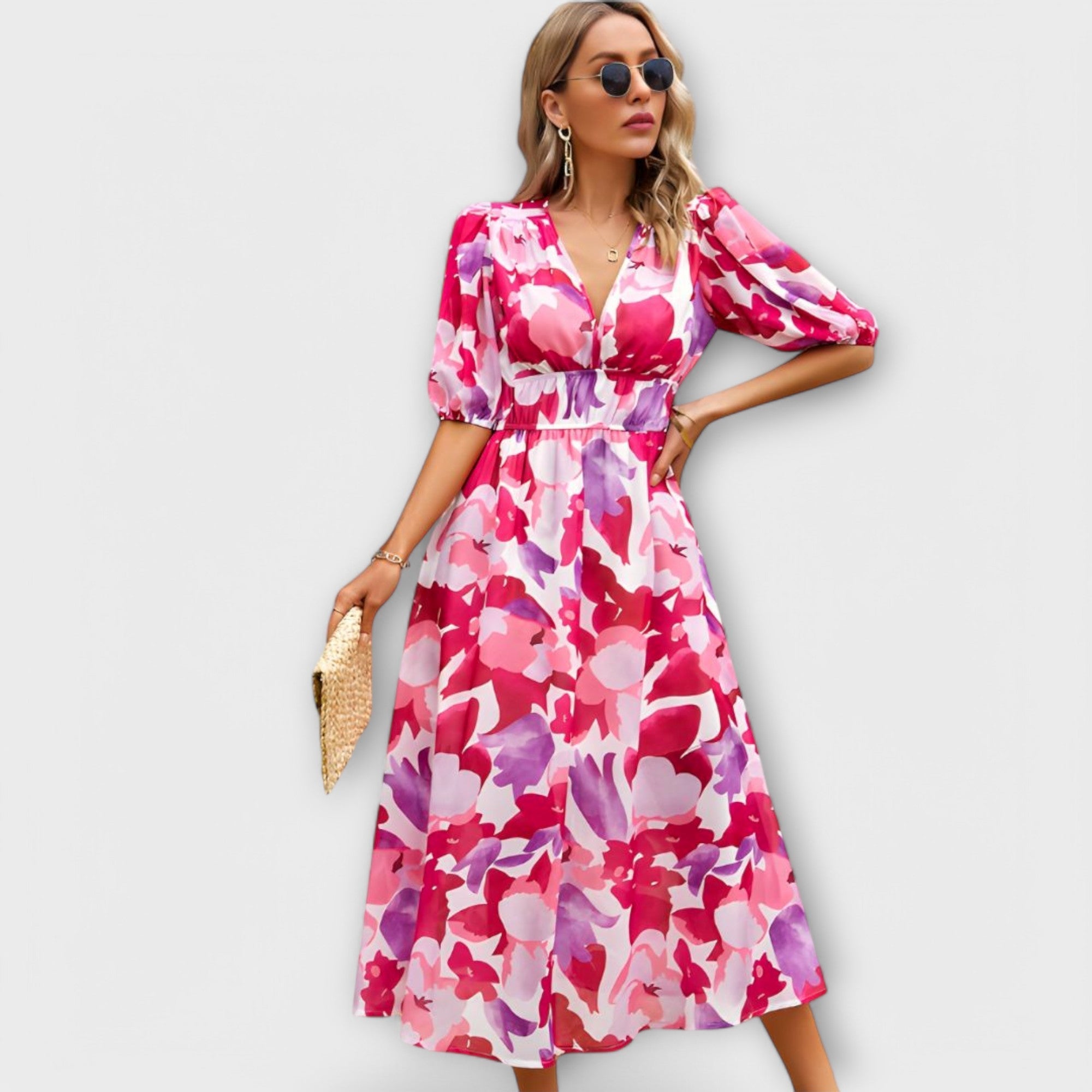 Rochie Maxi abstractă cu mâneci puff