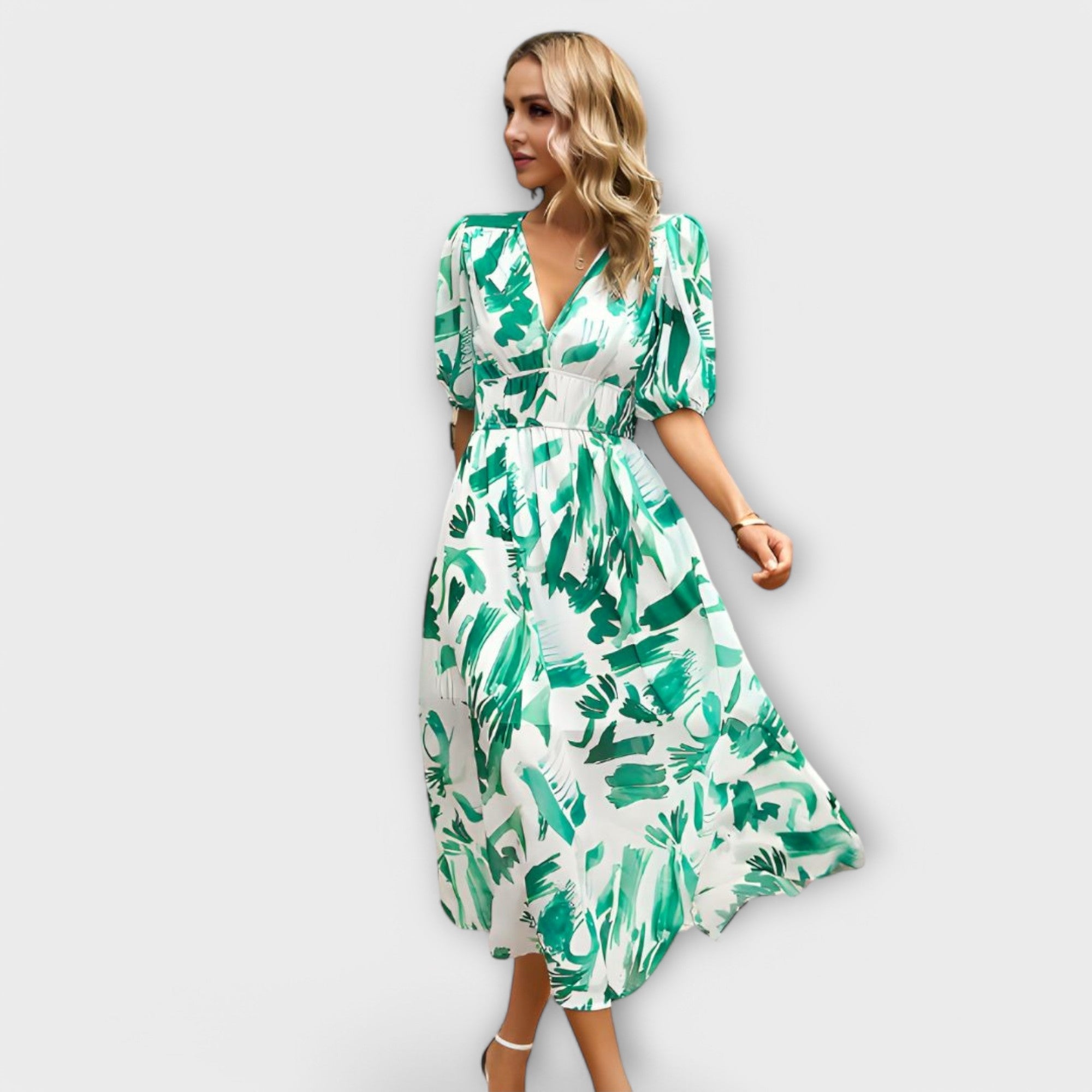 Rochie Maxi abstractă cu mâneci puff
