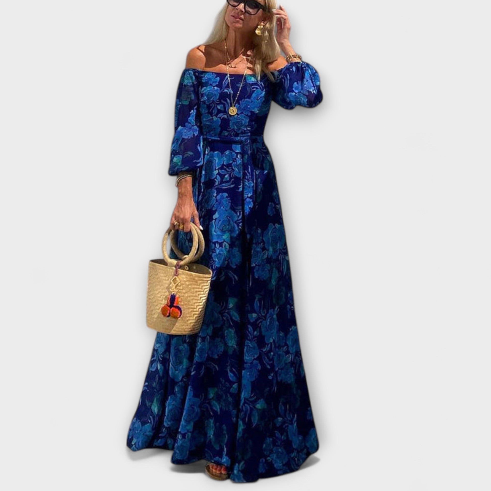 Juniper - Rochie Maxi Floare de Podoabă Off-Shoulder cu Umăr Decupat