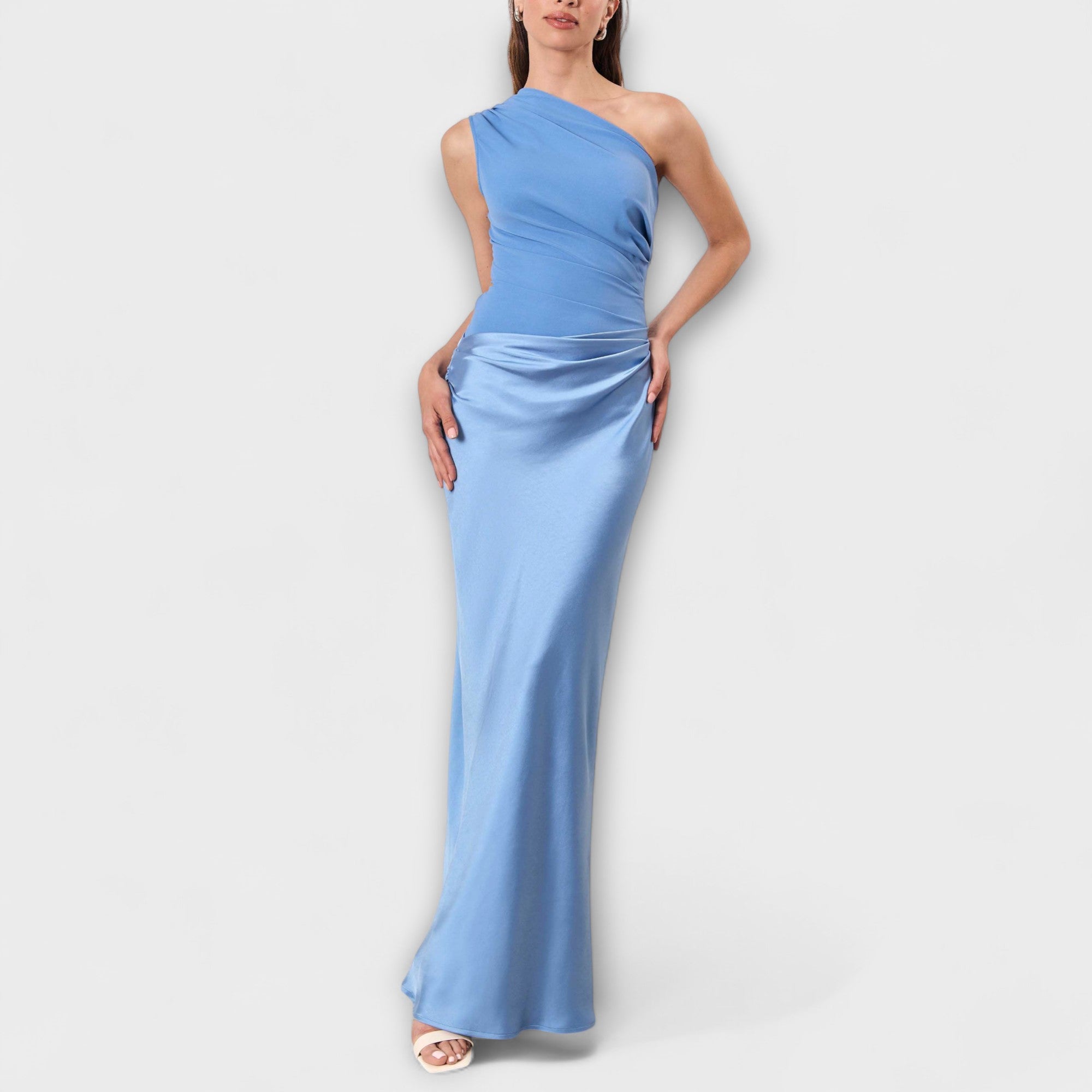 Fustă maxi elegantă cu un singur umăr și pliuri