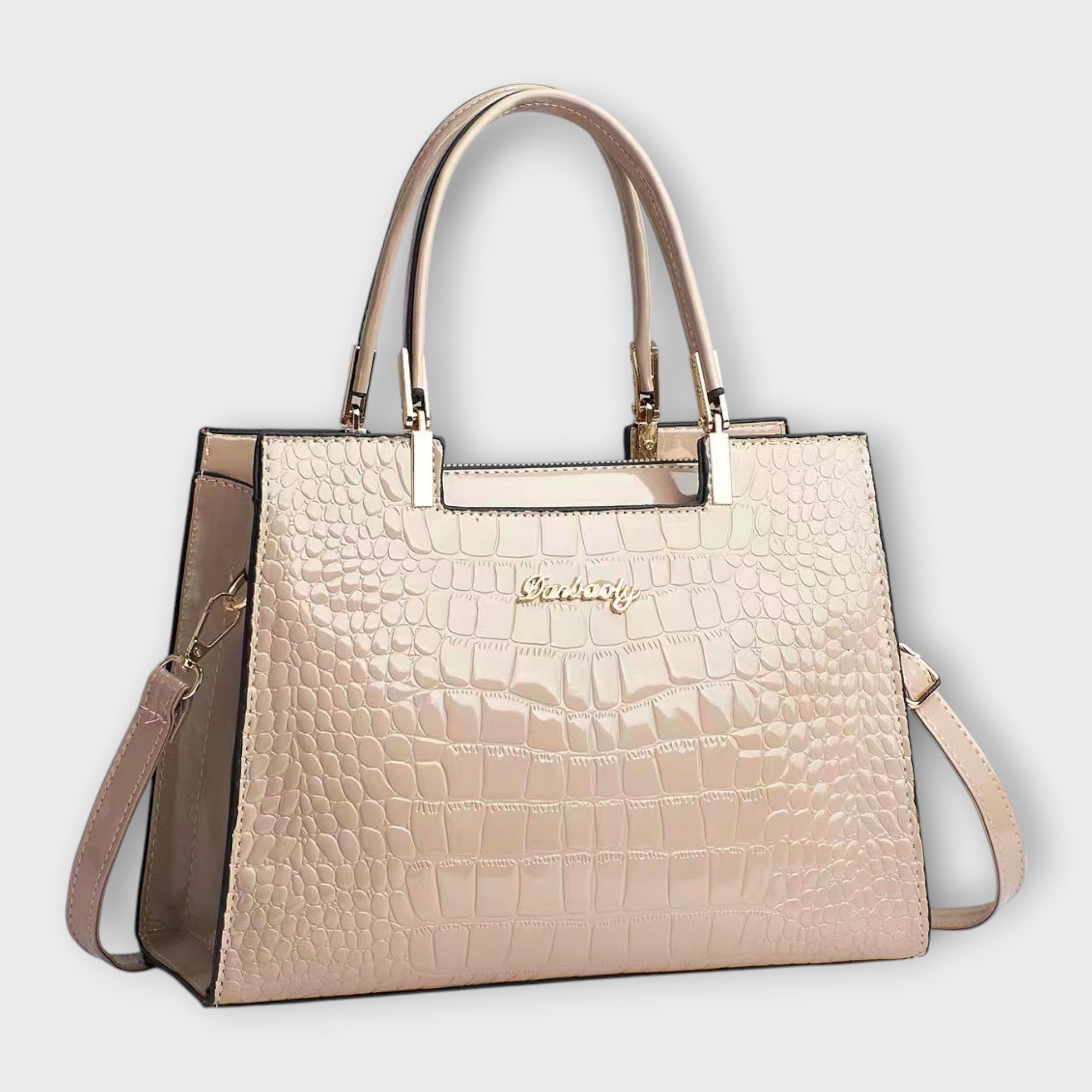 Geantă de mână cu model lucios de piele de crocodil Lora
