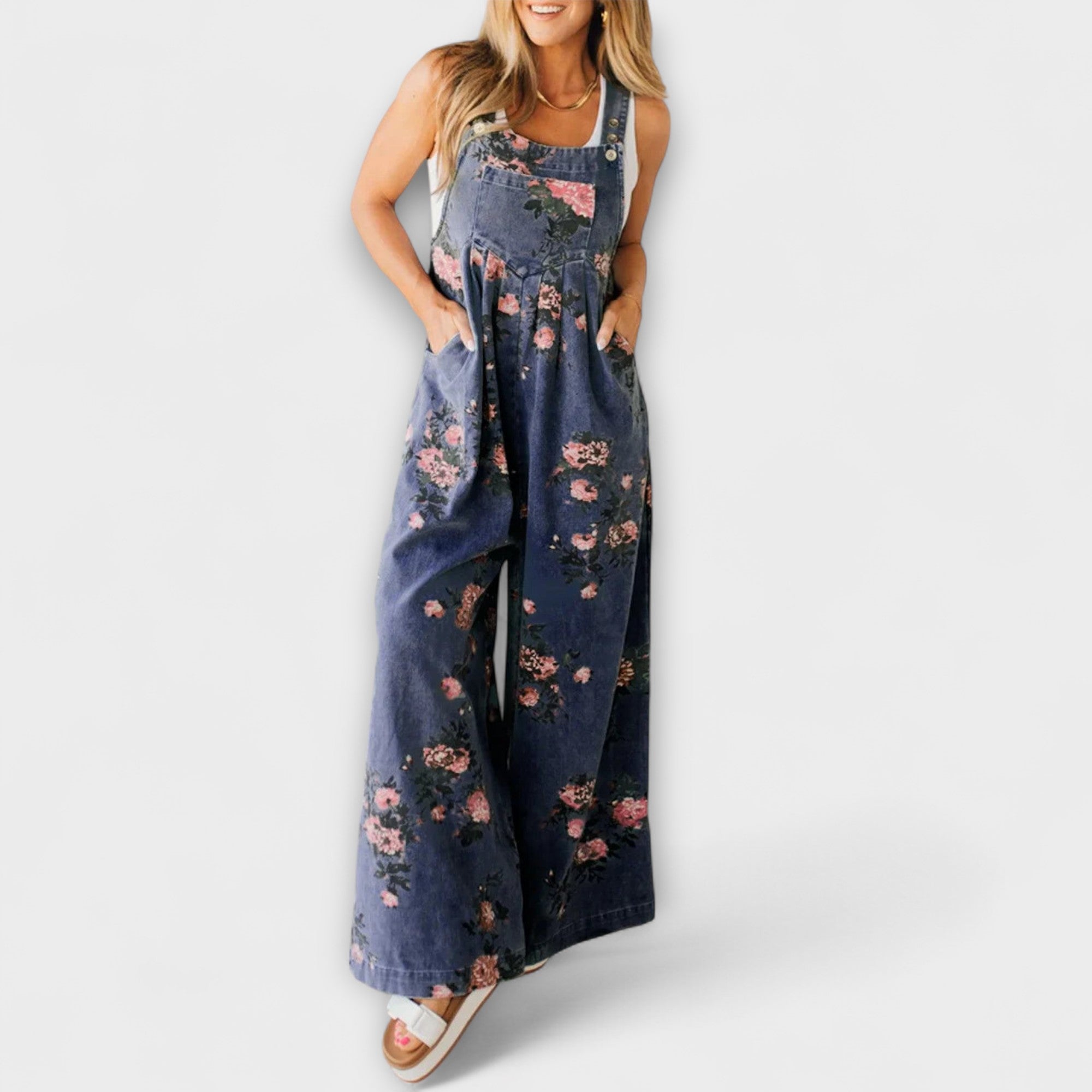 Bethany - Pantaloni din denim cu model floral și croială largă