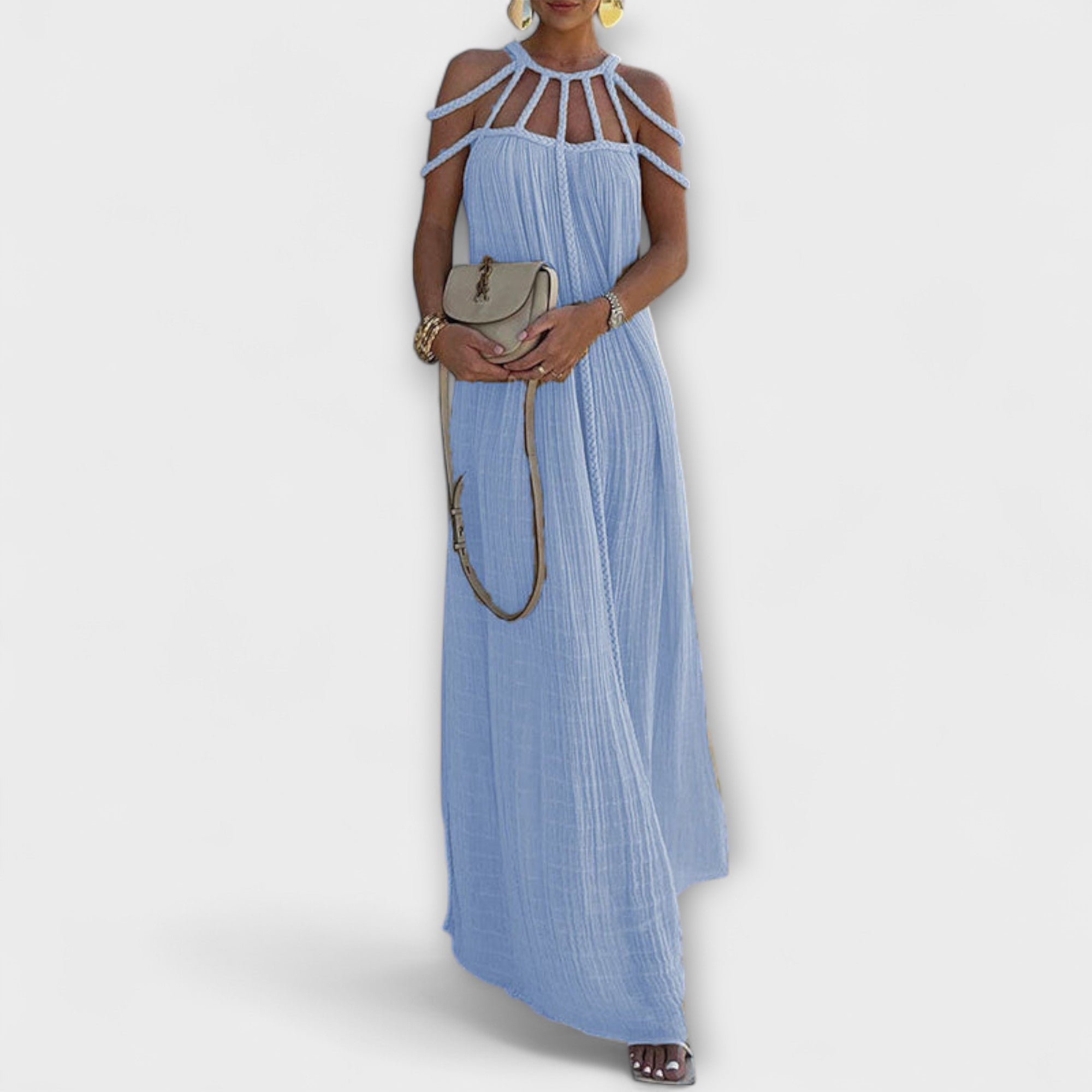 Briar - O rochie maxi elegantă din țesătură amestecată cu cozi drapate