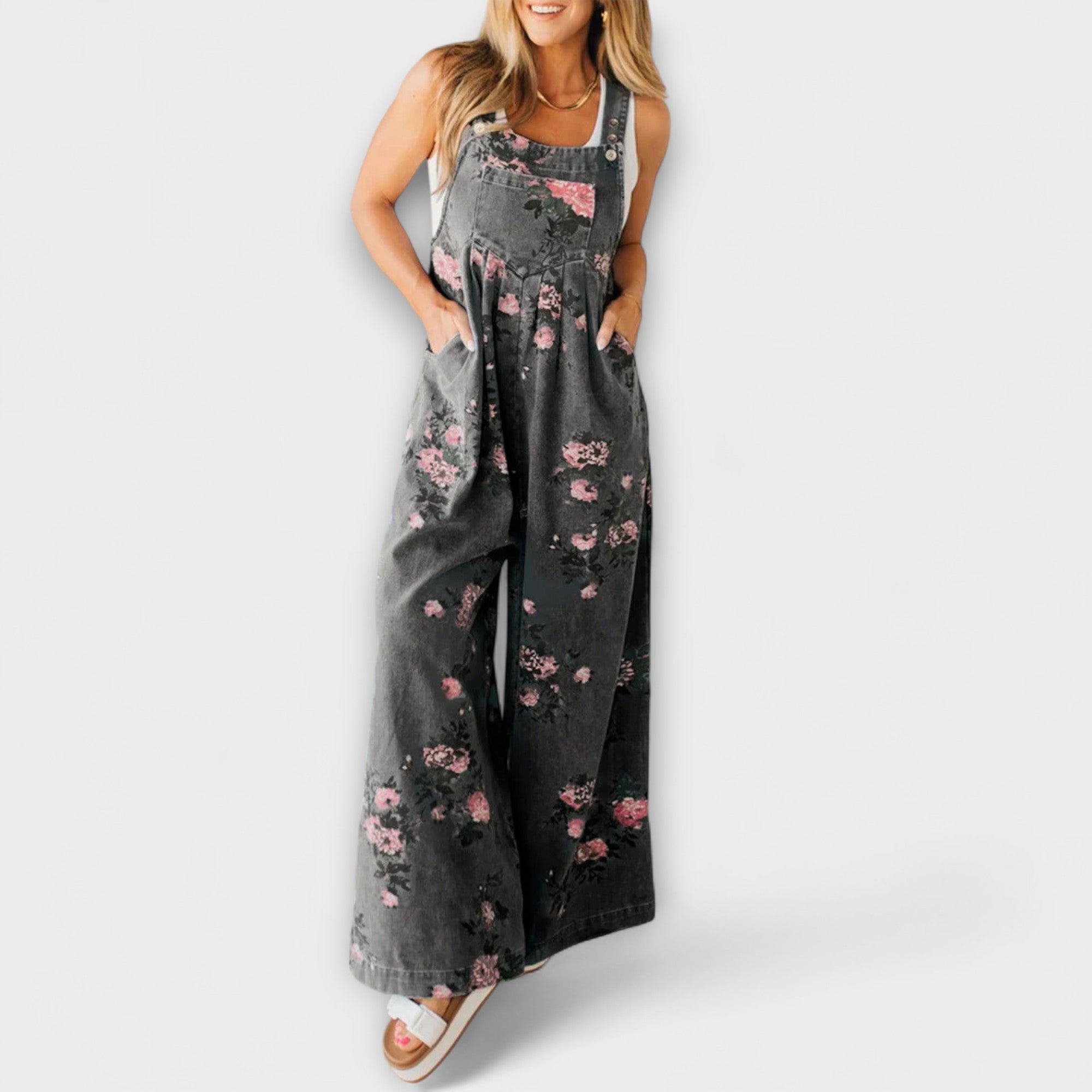Bethany - Pantaloni din denim cu model floral și croială largă
